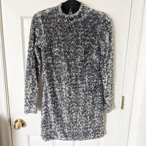 H&M Silver Sequin Long Sleeve Open Back Minidress